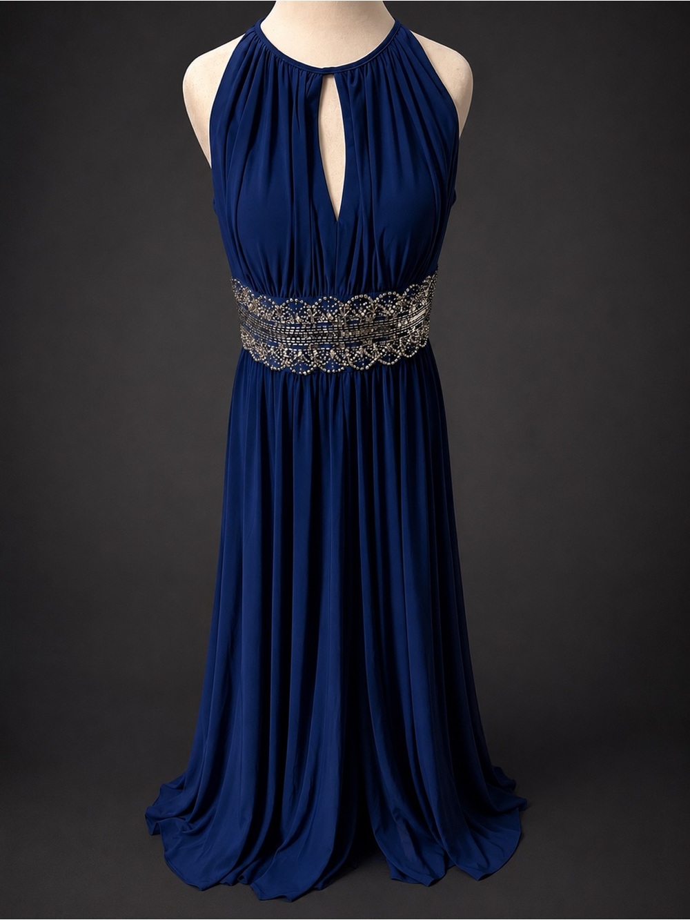 R & M Richards Blue Maxi Evening Gown with Jeweled Waist Size 8